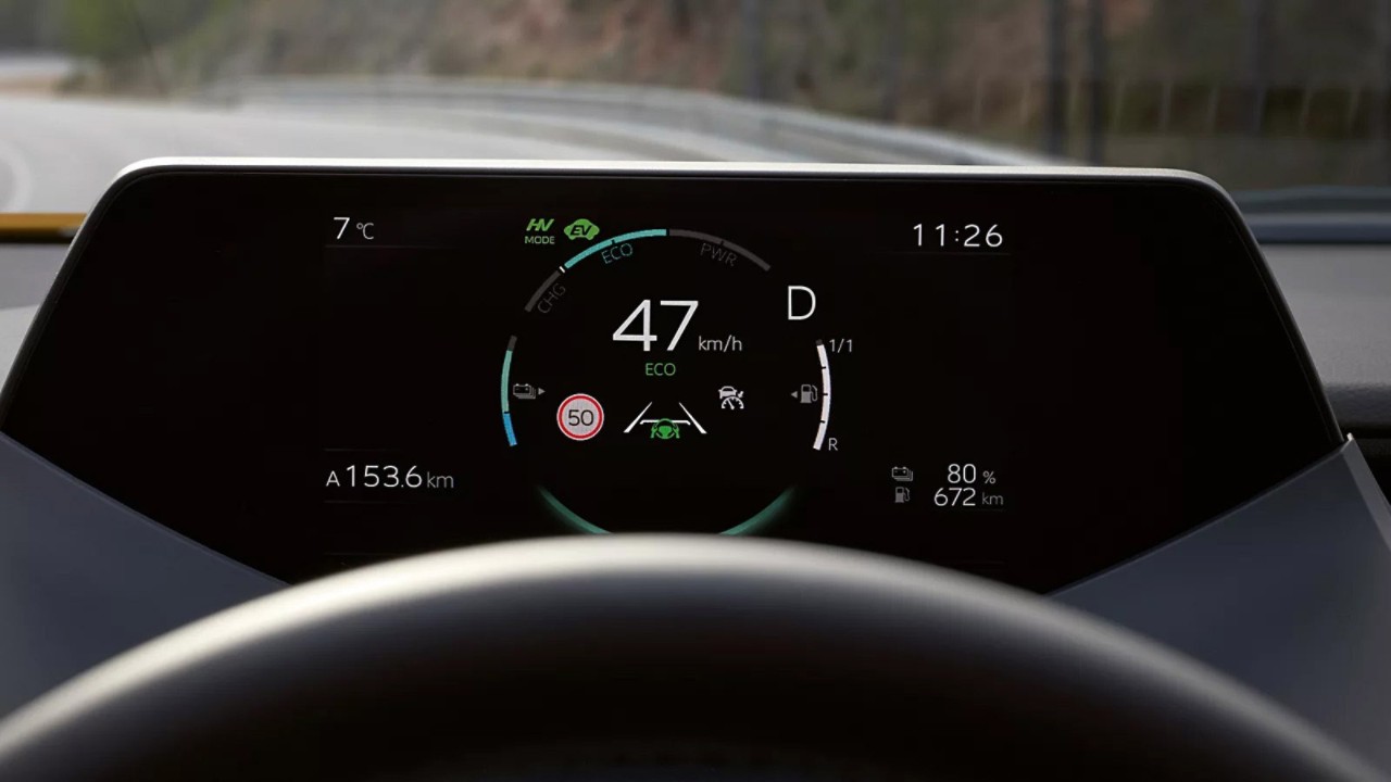Toyota, Prius, interieur, dashboard, snelheidsmeter, eco-stand, 47km/h