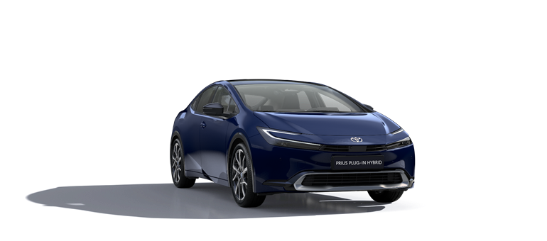 Vooraanzicht van een blauwe Prius Plug-in
