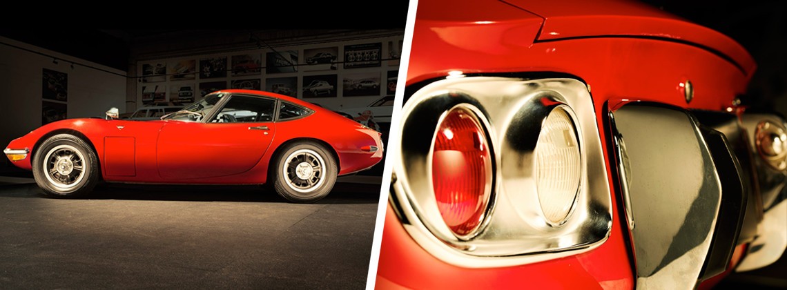 Toyota 2000GT, twee beelden, exterieur, zijkant en achterlichten, detailbeeld, rood