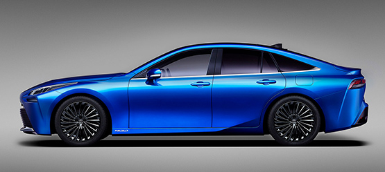 Nieuwe Toyota Mirai, exterieur, zijkant, blauw