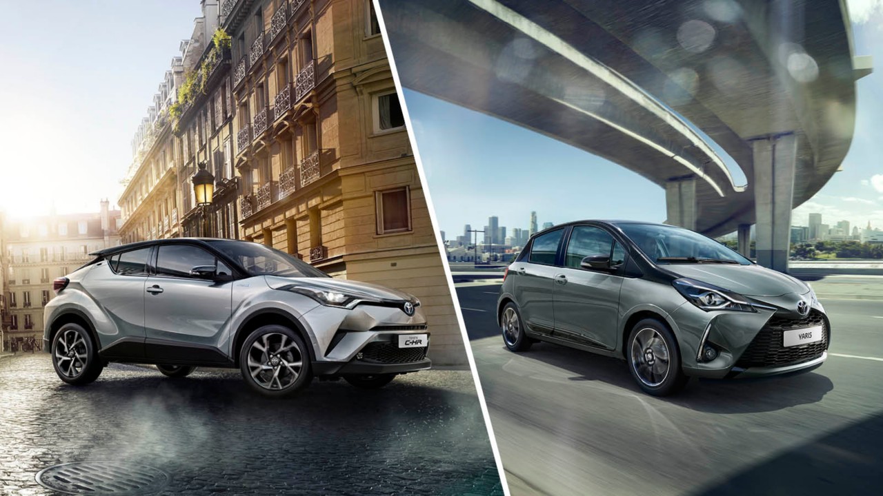 Toyota C-HR en Toyota Yaris, exterieur, rechtsvoor, grijs