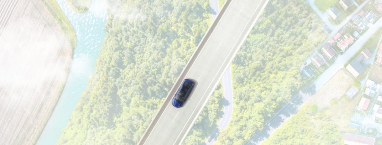 Toyota Mirai, exterieur, bovenkant, blauw, vogelperspectief