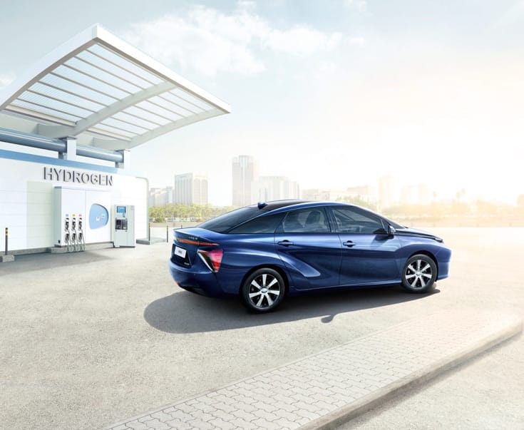 Toyota Mirai, exterieur, zijkant, blauw, waterstoftankstation