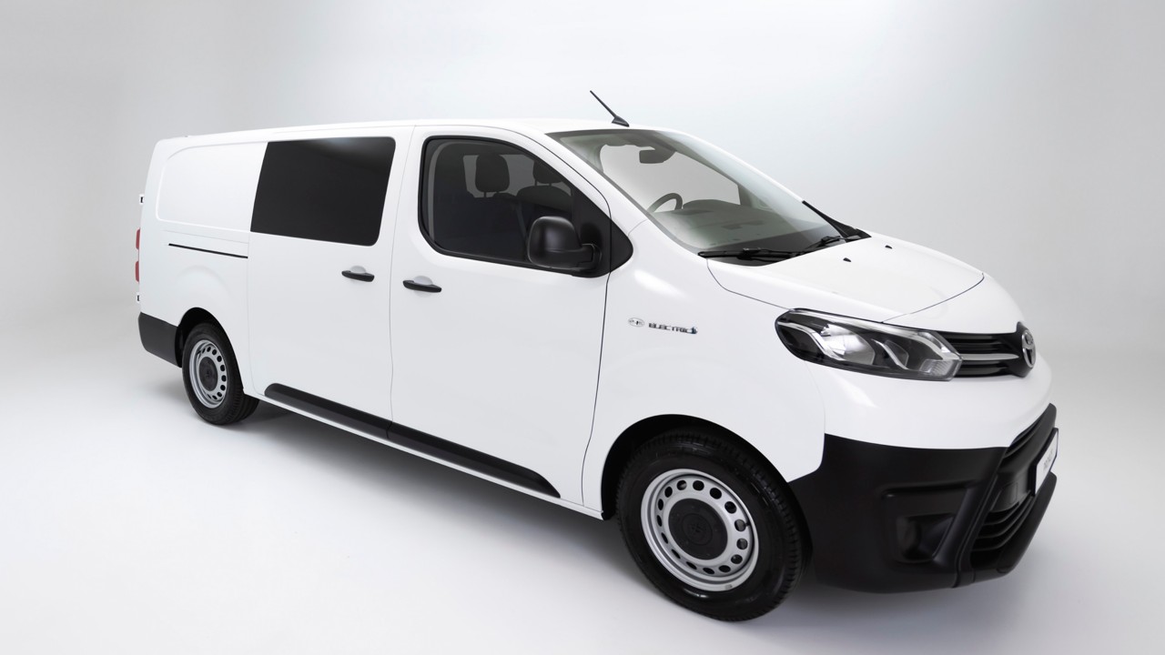 Toyota, Proace, Electric, dubbele, cabine, exterieur, driekwart, linksvoor