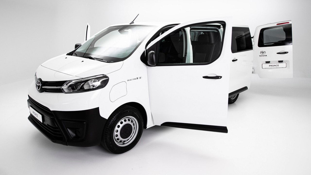 Toyota, Proace, Electric, dubbele, cabine, exterieur, driekwart, rechtsvoor, deuren, open